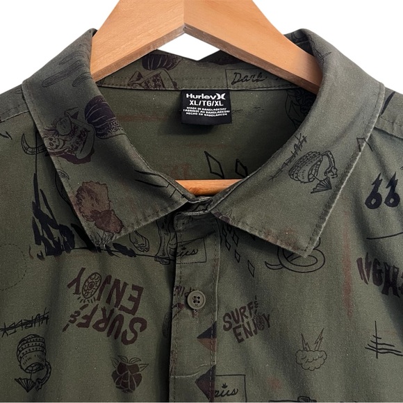Hurley Men’s XL Short Sleeve Button Up Shirt Green Graphic Print - Picture 3 of 11